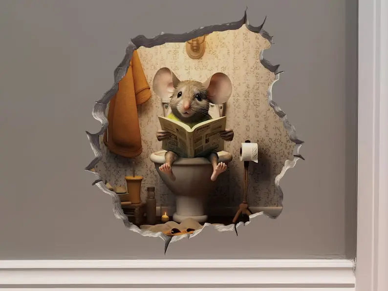 Mouse Sitting on Toilet in Mouse Hole Decal - Bathroom Potty Training Sticker - Funny Gift Idea