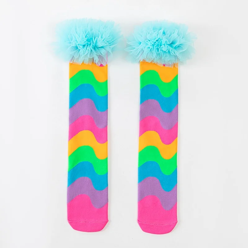 Autumn 3-12Y Kids Rainbow Wave Pattern Long Socks Tulle Lace Trim Over-the-Calf Socks Party Cosplay Baby Girls Stockings image 4
