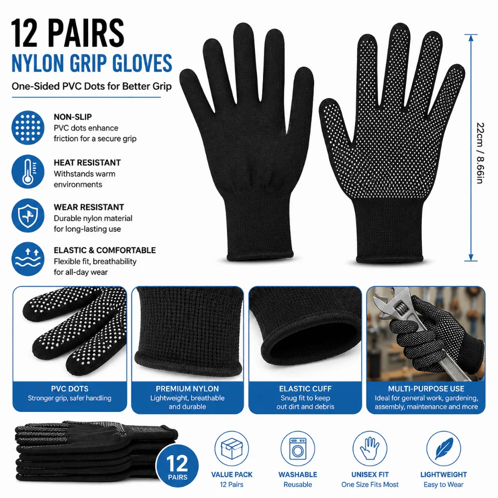 12pairs Anti Slip Protective Gloves Heavy Duty Full Finger PVC Dotted Gloves‌ Heat Resistant Mittens Safety Work Gloves