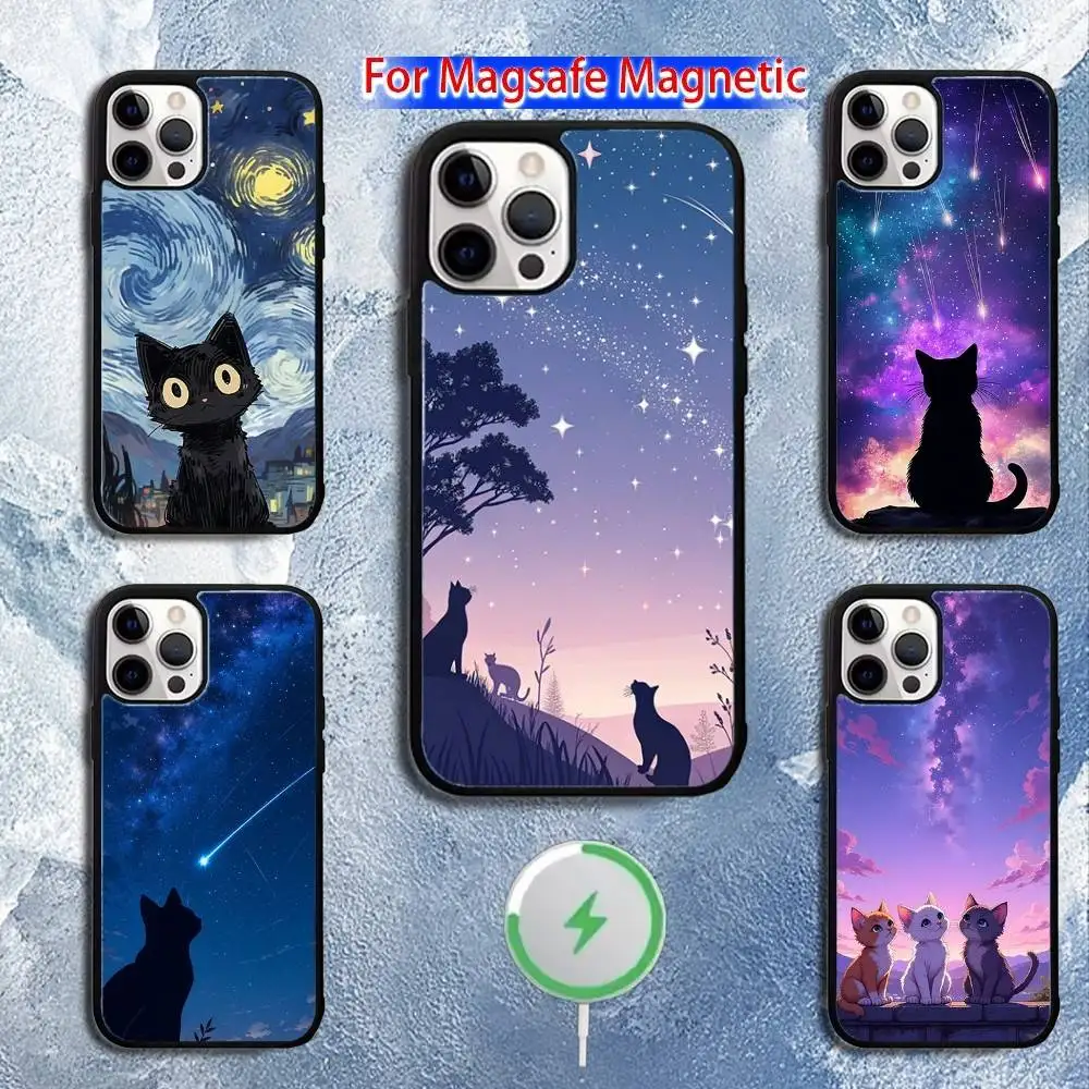 

Starry Sky Cat Pattern Phone Case For iPhone 16,15,14,13,12,11,Pro,Max,Plus,Mini,Magsafe,Magnetic Wireless Charging Case