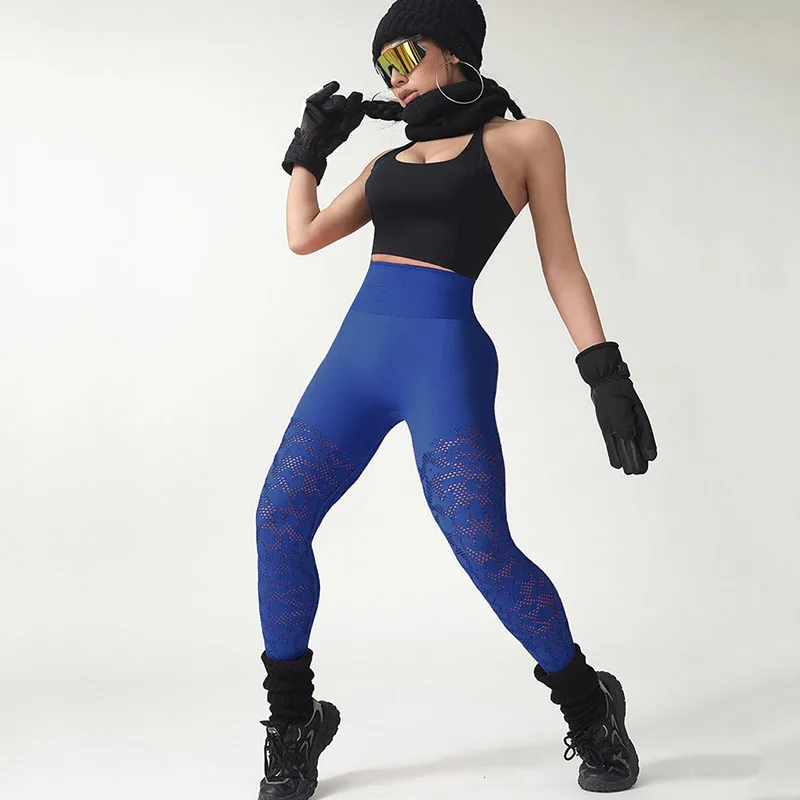 Sexy Hollow Out Mesh Knit Tight Leggings Women High Waist Seamless Push Up Yoga Pants Breathable Gym Jogging Sportswear Leggings