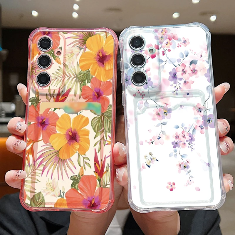 Card Pocket Phone Case For Samsung Galaxy S26 S25 S24 Ultra S23 S24 FE A57 A17 A56 A55 A25 A16 A36 A15 Colorful Flower TPU Cover
