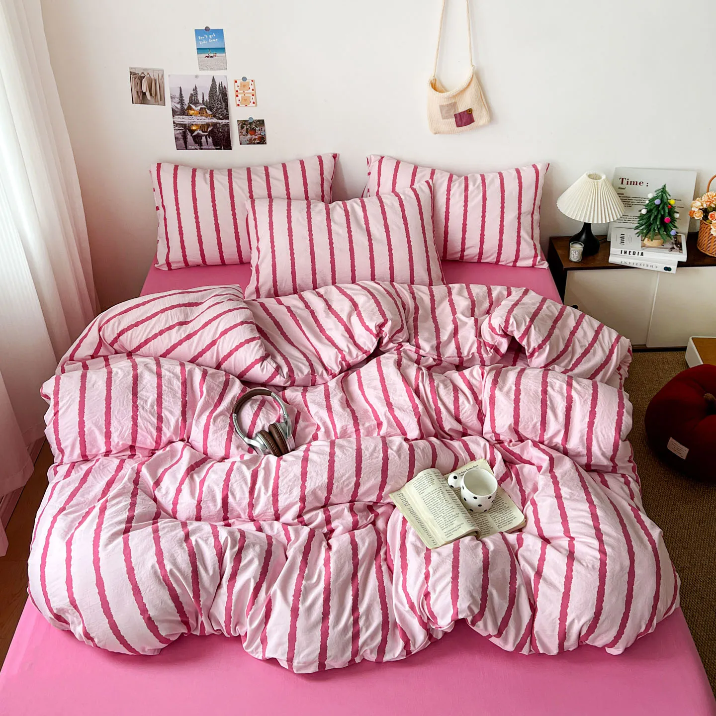 INS Pink Stripe Series Soft Bedding Set Colorful Duvet Cover Bedclothes Bedspread Pillowcases Flat Sheets Comforter Set for Girl