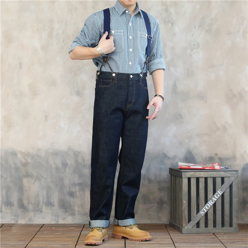 

American Retro Thiened Original Denim Overalls Men's k Blue Wide Leg Straight Leg Striped Jeans Casual Loose Fit Jeans