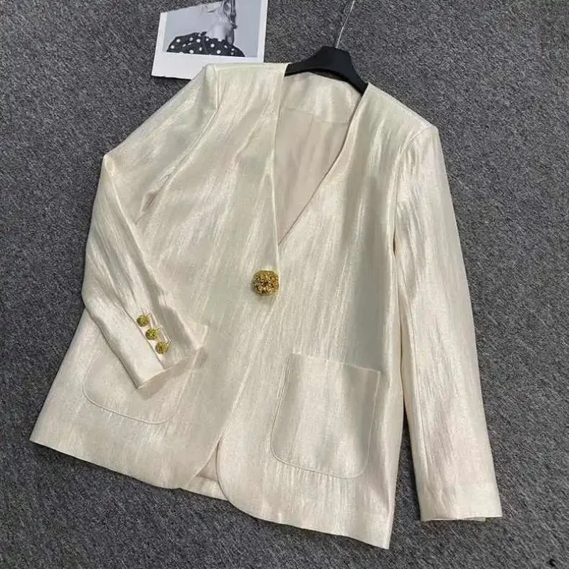 

Женский блестящий атласный пиджак цвета шампанского, золотой, с длинными рукавами и золотыми пуговицами, элегантный пиджак