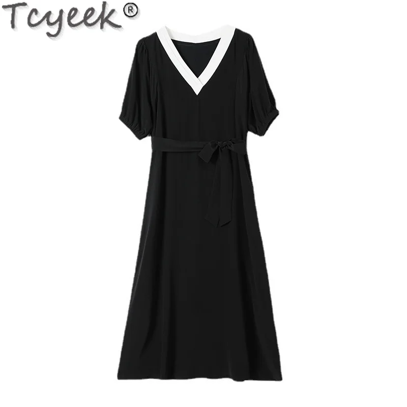 Tcyeek 100% Real Mulberry Silk Dress Summer Woman Clothes Elegant Dresses for Women 2024 French Black Dress Fashion Party Dress