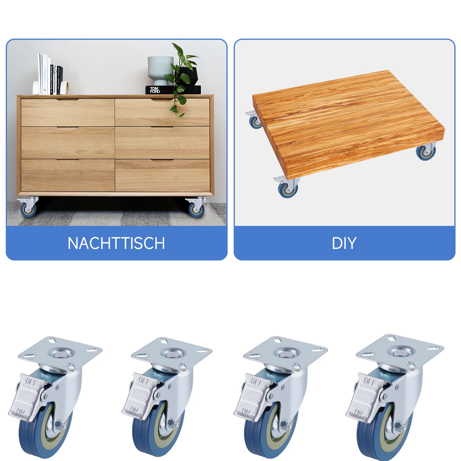 4 Stück 3/4/5 Zoll drehbare Rollen, 360-Grad-PVC-Gummiräder, 2 mit Bremsen, 2 ohne, für Trolleys, Möbel, Werkbänke