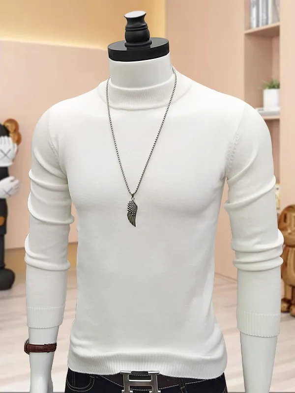 メンズ 暖かいニットセーター ハーフハイカラー スリムフィット 快適なベースレイヤートップ ファッショナブルな韓国スタイル バーガンディ 冬 ビジネスウェア