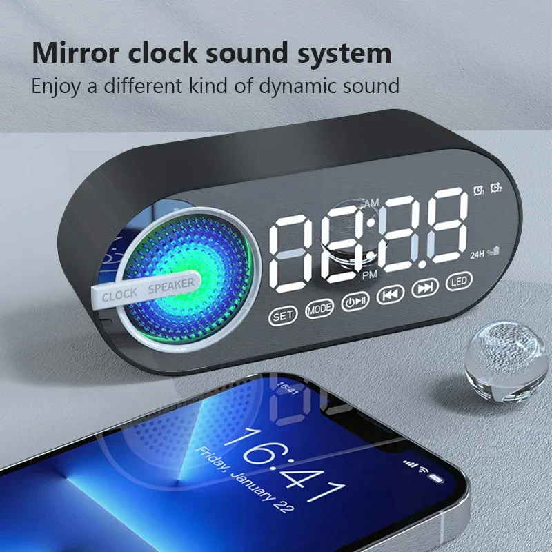 Altavoz Bluetooth portátil con Mini espejo despertador Digital temporizador Radio FM altavoz inalámbrico Subwoofer reloj LED de escritorio