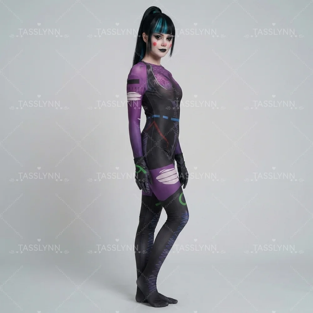 Cyber Punk Clown Girl Punchline Cosplay Zentai Bodysuit Purple Black Print Full Body Jumpsuit Halloween Cos Costume view 6