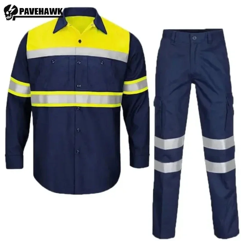 Man Working Clothes 100% Cotton Long Sleeved Shirt+reflective Strip Cargo Pants Set Waterproof Quick Drying Mechanic Uniform