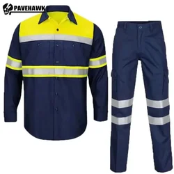 Abbigliamento da lavoro uomo camicia a maniche lunghe in cotone 100% + pantaloni Cargo con striscia riflettente Set uniforme meccanica impermeabile ad asciugatura rapida