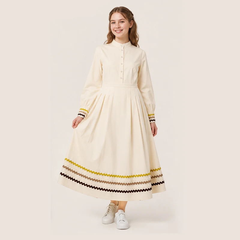 New summer teens dress long sleeve girls dress with colored ribbons pleats skirt lady stand collar linen fabric buttons placket