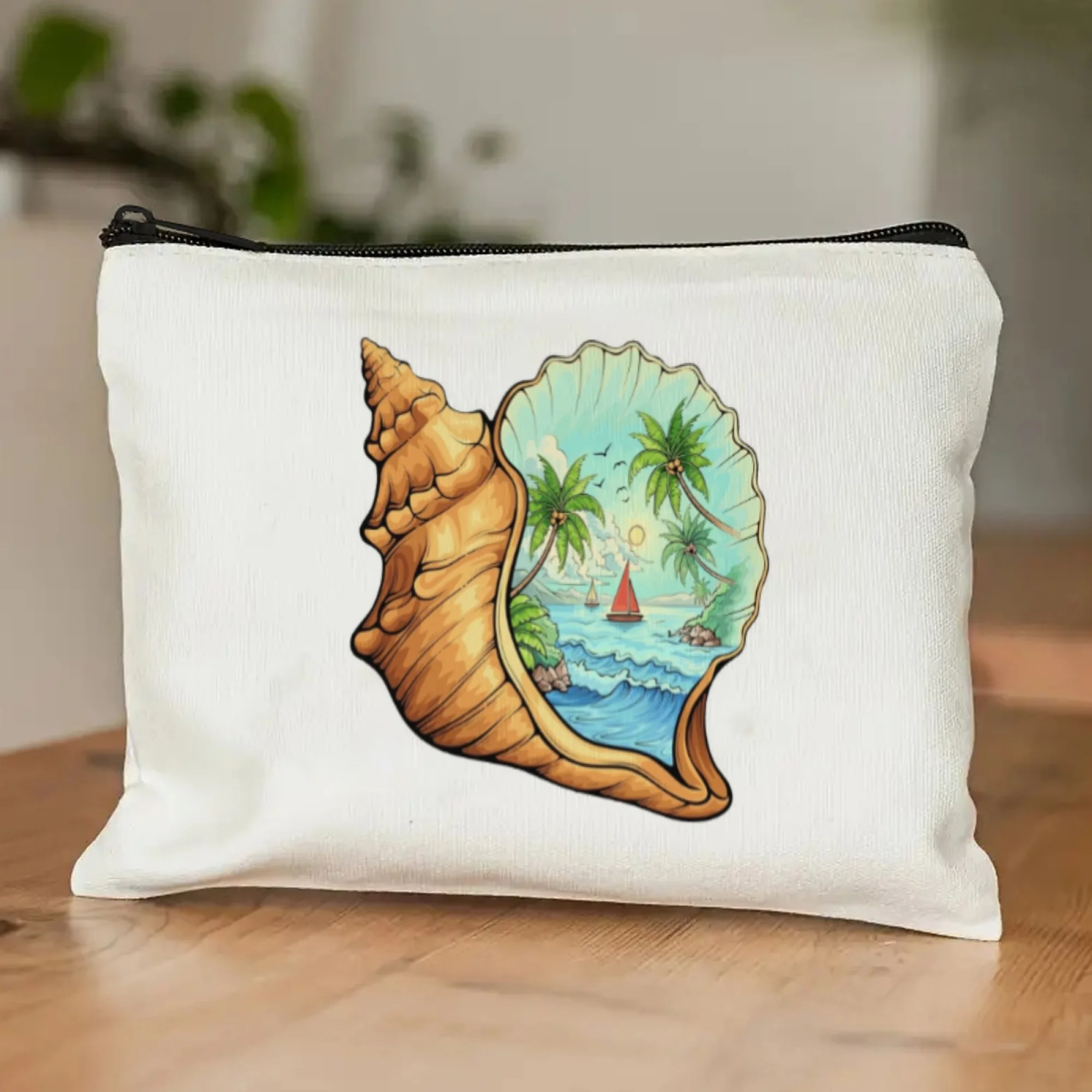 حقيبة مستحضرات التجميل ذات المشهد الاستوائي - منظم أدوات الزينة لعشاق الشاطئ، حقيبة مكياج عصرية محمولة بسحاب