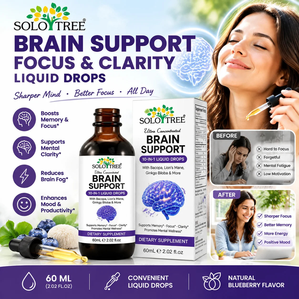 Cortisol Support Liquid Drops 10-in-1 with Ashwagandha L-Theanine Vitamin C & D3 for Mood Stress Relief Vegan Gluten Free 60ml