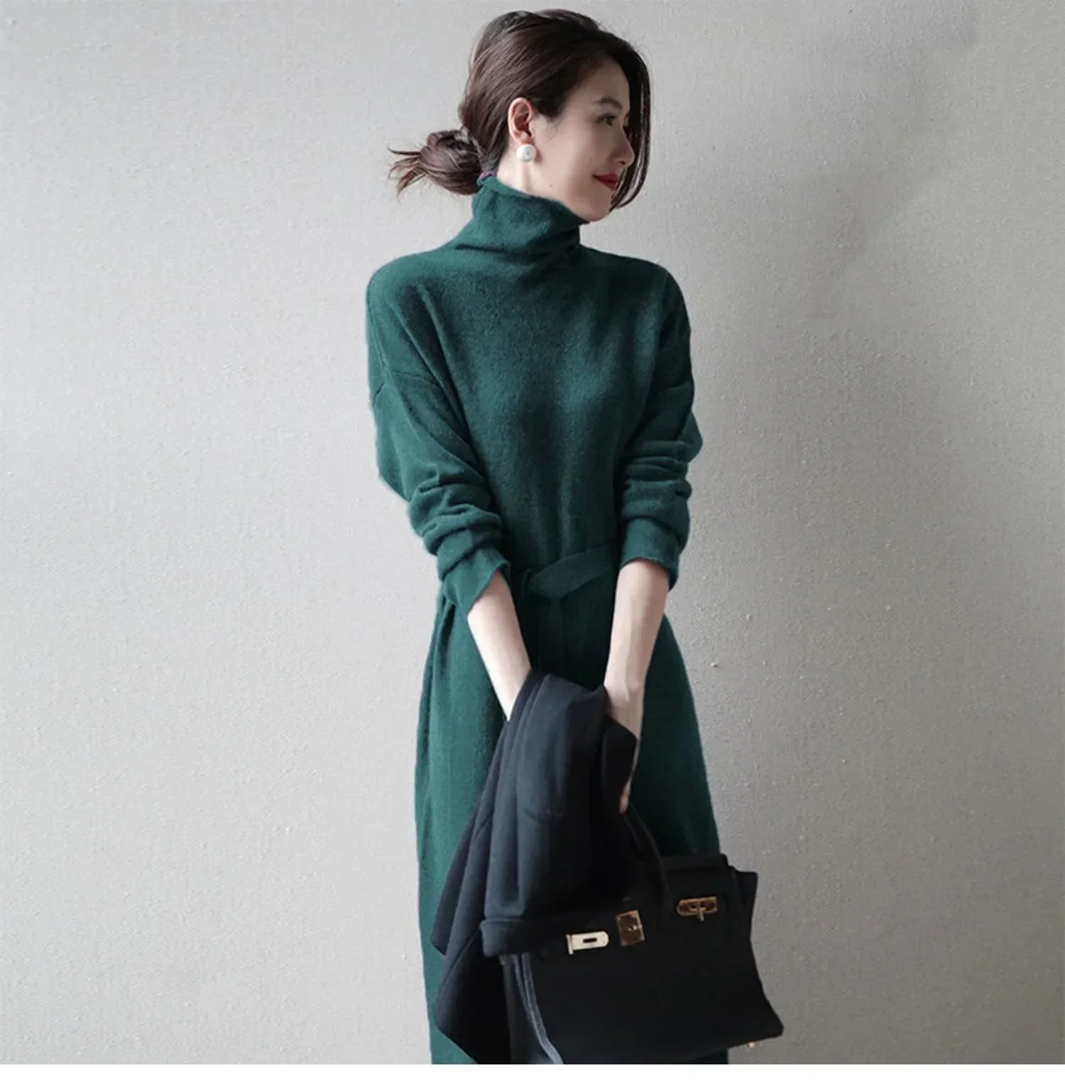 Purple Turtleneck Knit Bottoming Dress Women's Spring And Autumn Coat New Temperament Knee-Length Sweater Long Skirt