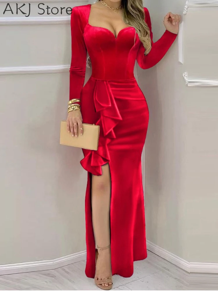 Women Long Sleeve Ruffle High Slit Velvet Party Dress