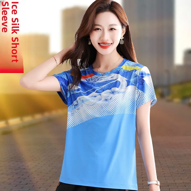 Nowa koszulka sportowa damska z jedwabiu lodowego na lato 2025, idealna do badmintona, tenisa, szybkoschnąca, modna.