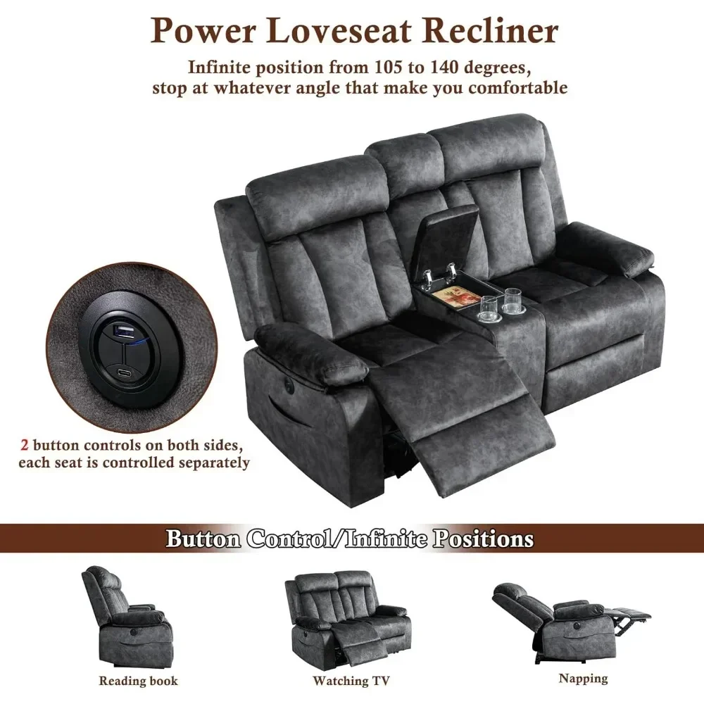 โซฟา Loveseat แบบปรับเอนได้คู่, ความร้อนและการนวด, ที่วางแก้ว, พอร์ตชาร์จ USB และ Type-C, กระเป๋า, โซฟาผู้เอนกายที่นั่งนั่งรัก