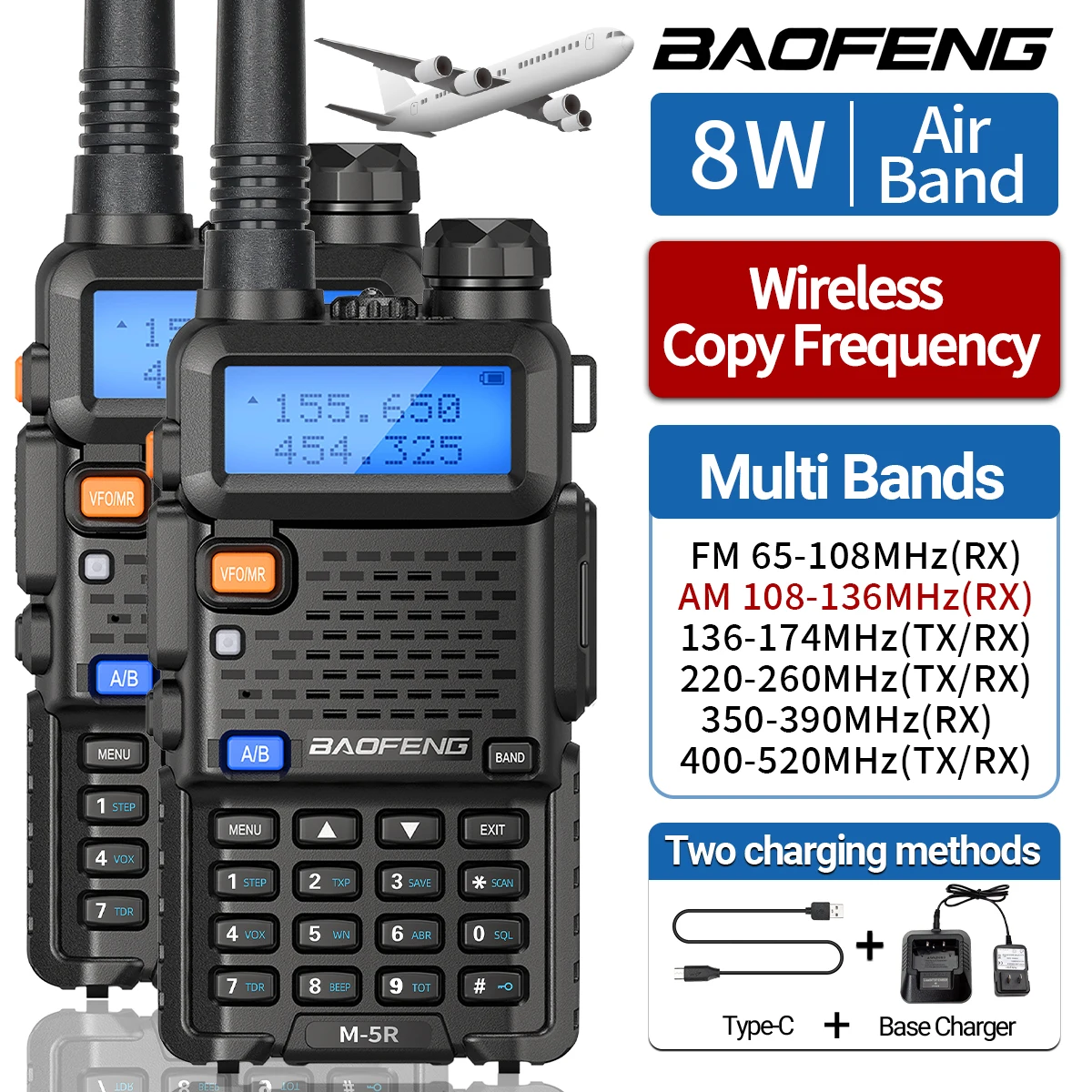 

1/2X Baofeng M-5R 8w Walkie Talkie Full Band Wireless Copy Frequency Air Band Long Range FOR Camping UV-5R 5RX Ham Two Way Radio