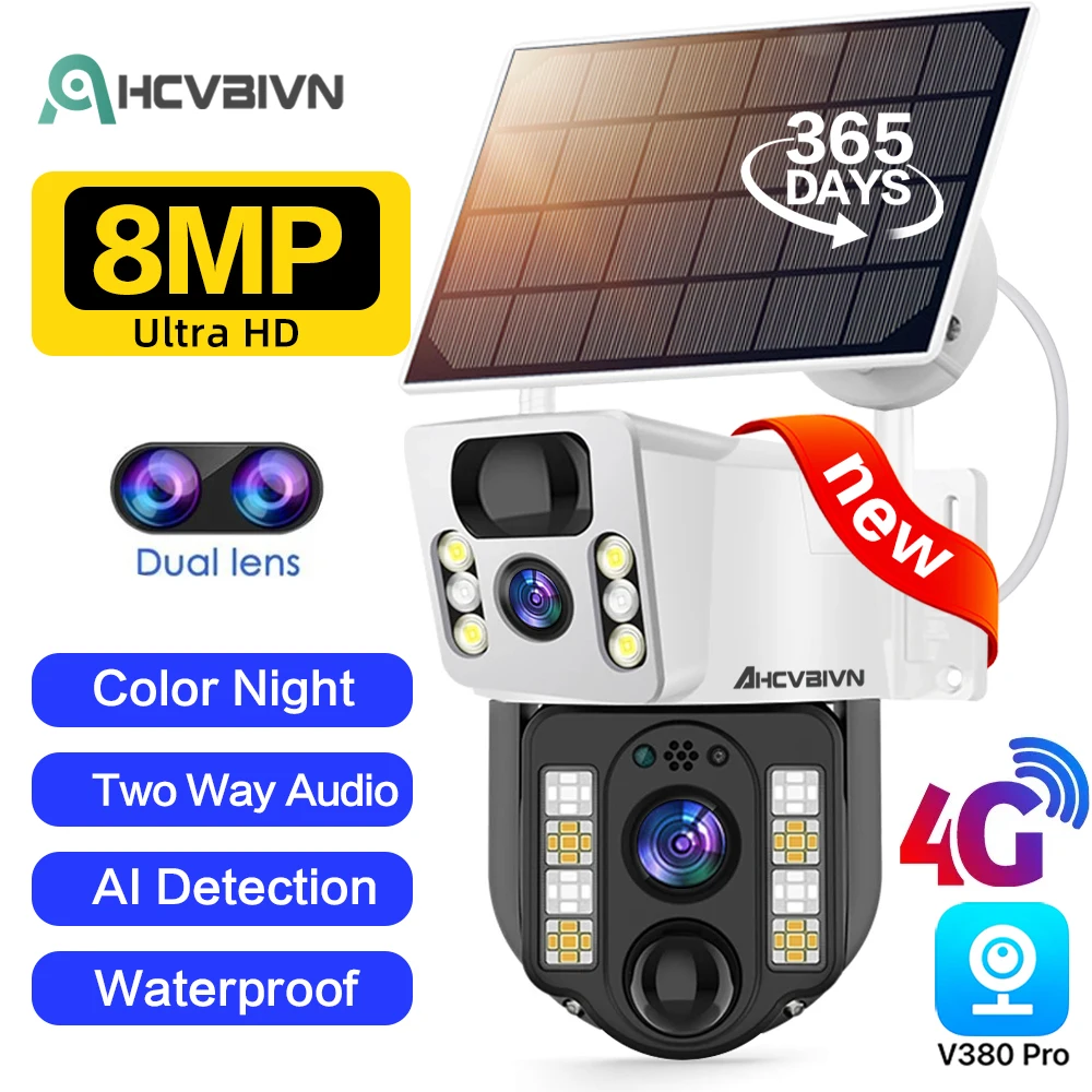 

AHCVBIVN 4K 8MP 4G Dual Lens PTZ Solar Camera Outdoor Dual Screen AI Human Tracking Secuity WIFI Surveillance IP Camera V380 PRO