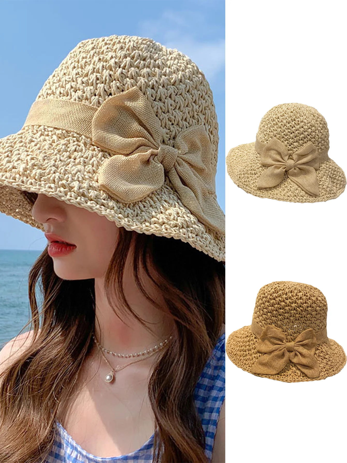 Handmade Straw Hat for Women Summer Fashion Bowknot Foldable Sunscreen Panama Lady Sweet Wide Brim UV Sunscreen Beach Cap Girl