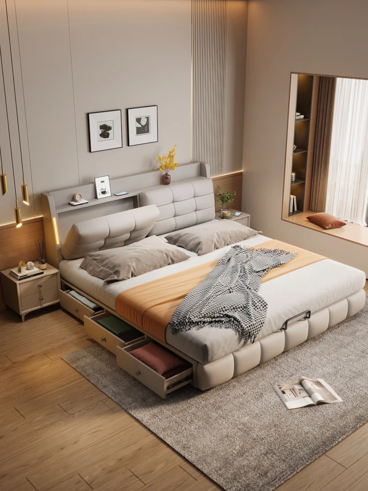 Italian leather bed 1.8 meters double bed 2 meters master bedroom wedding bed modern simple multi-functional