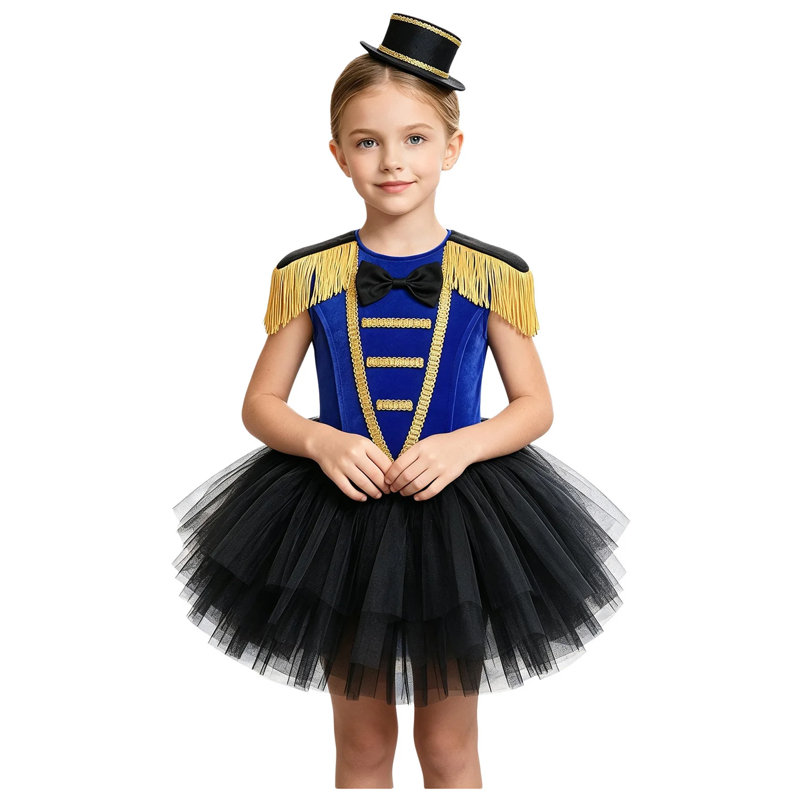 Children Girls Halloween Costume Tassel Epaulette Bow Gold Trim Velvet Patchwork Tulle Ringmaster Dress with Built In Briefs