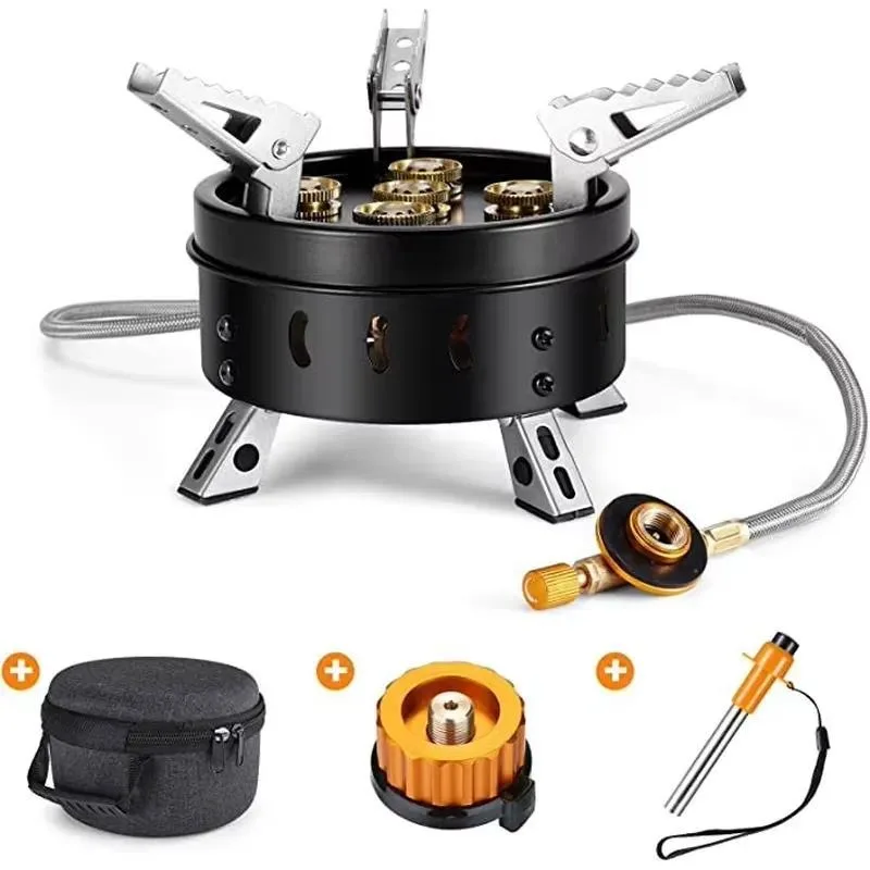 High Power Five Head Steel Camping Stove Portable Barbecue Cooker Super Windproof Outdoor Folding Gas Stove