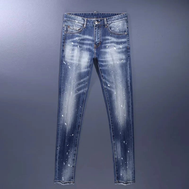 

Y2K Fashion Designer Men Jeans Retro Blue Stretch Slim Fit Painted Ripped Jeans Men Brand Vintage Casual Denim Pants Hombre