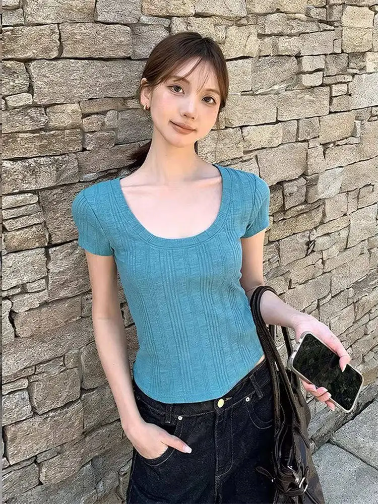 Short Sleeve U-Neck Texture Women's T-Shirt Slim Fit Summer Orange Top Casual Style Versatile Half Sleeve Short Length Shirt