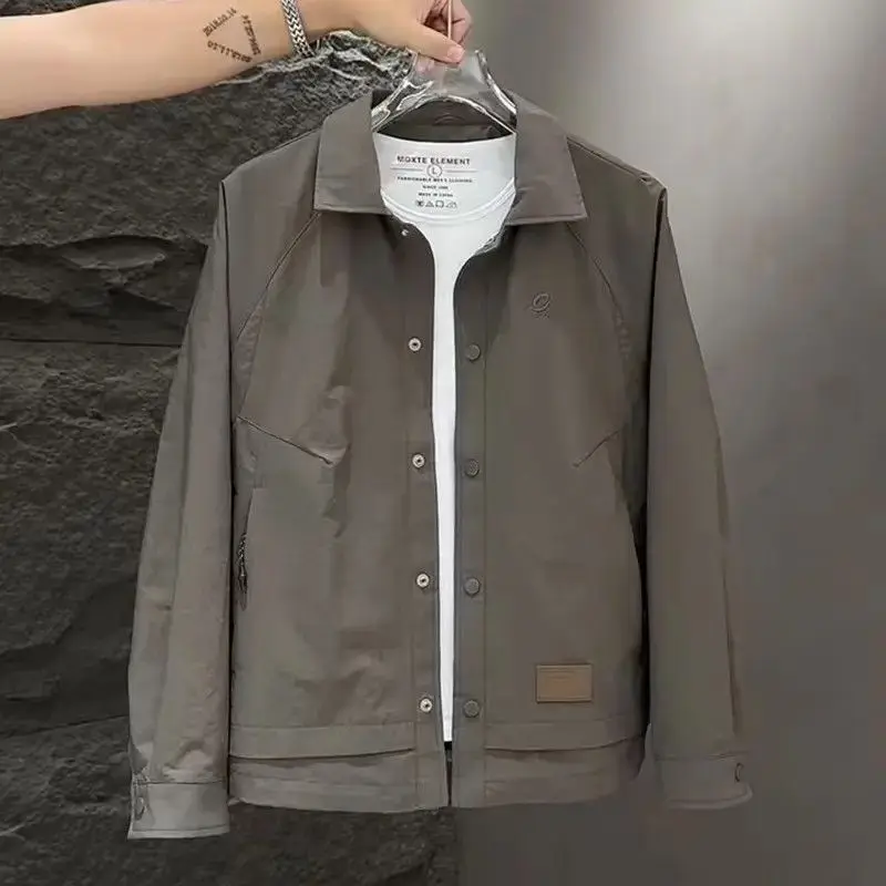 

Slimming Effect Pure Color Collar Men's Jaet Loose Fit Casual Outerwear Polyester Fabric Breathable ort Sle Autumn