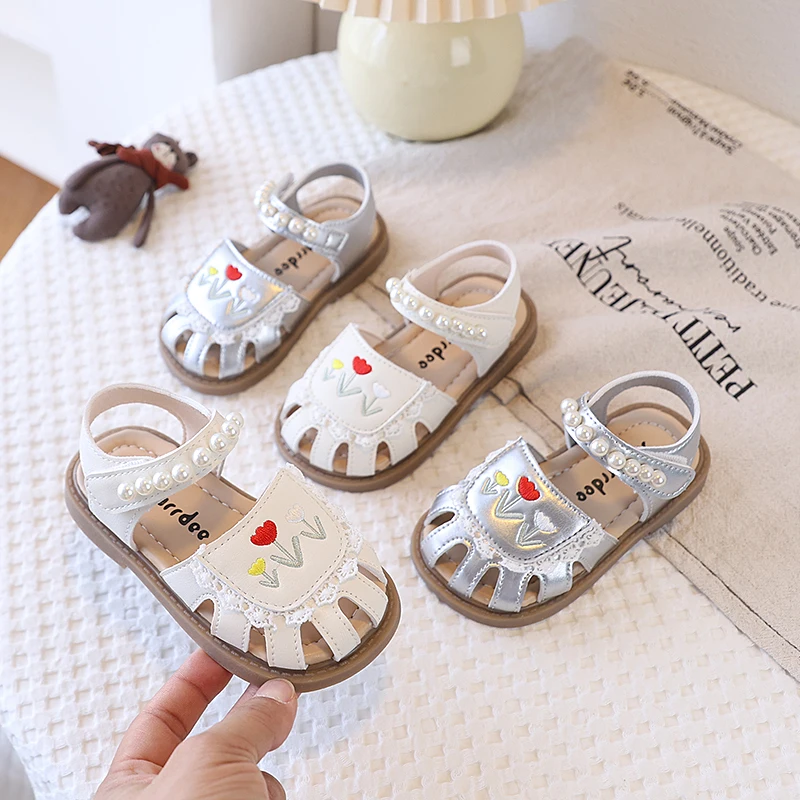 Spring Girl's Mary Janes Flower Pearl Lace Cute Kid's Flat Shoe Solid Colors Cover Toe Hook-loop Chic Daily Children Shoes