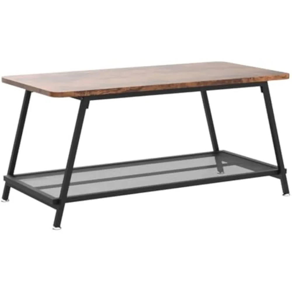 

2-Tier Coffee Industrial Table for Living Room,with Mesh Shelf Rectangle Wood Cocktail Table,Metal Frame Tea Table, Rustic Brown