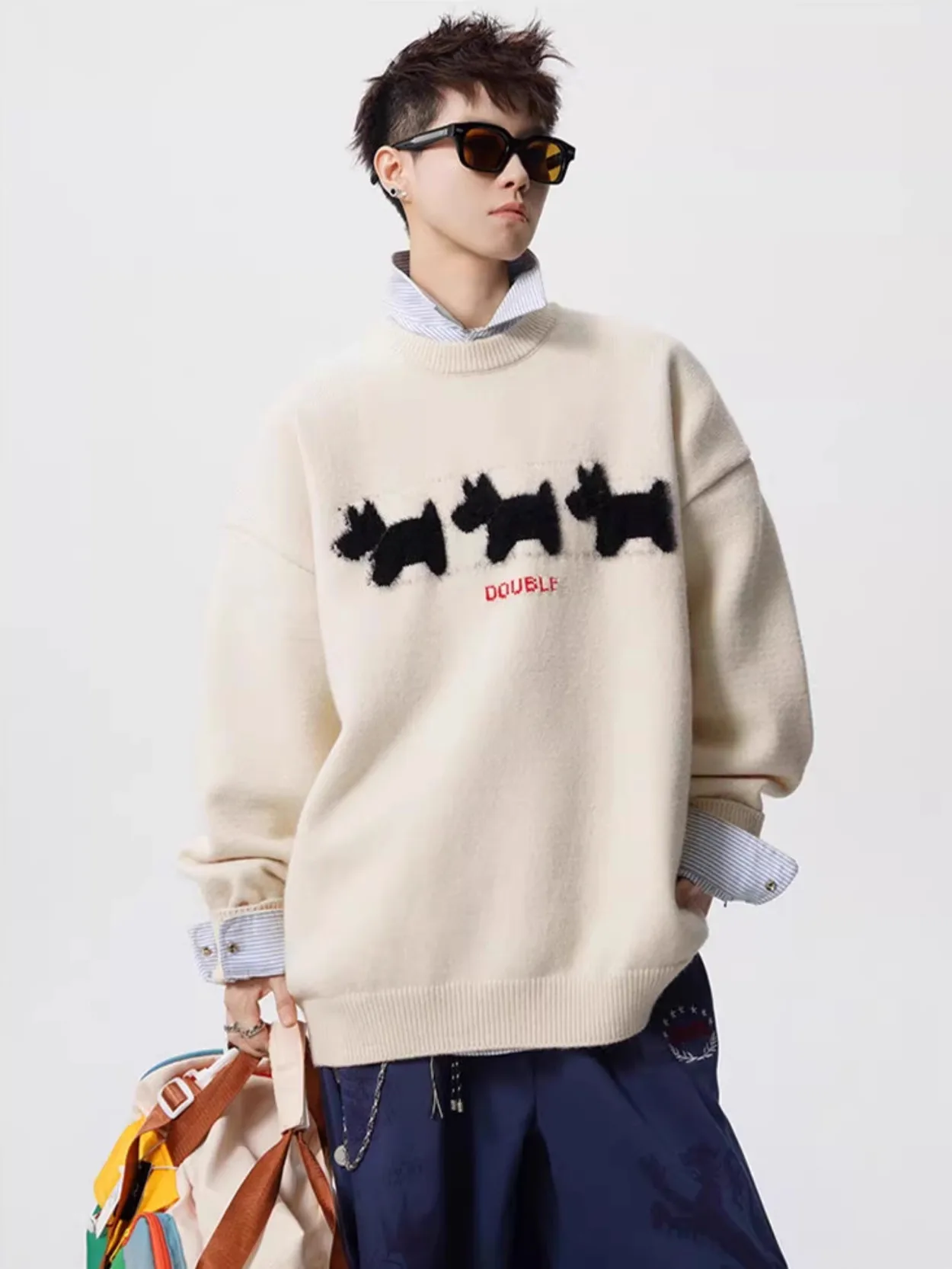 

Зимние вязаные свитера с рисунком собаки для мужчин, винтажные пуловеры Y2K, трикотажные изделия, женские повседневные джемперы, уличная одежда, вязаный свитер для пары