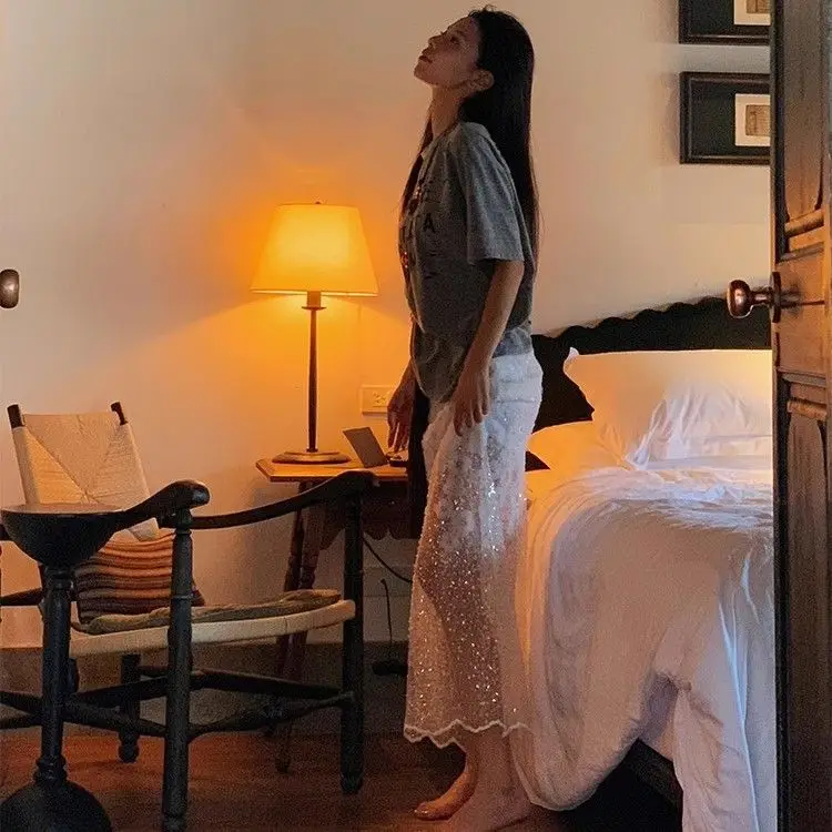 

Heavy Industry Bead Three-dimensional Embroidery White Lace Splicing Skirt Medium and Long Women