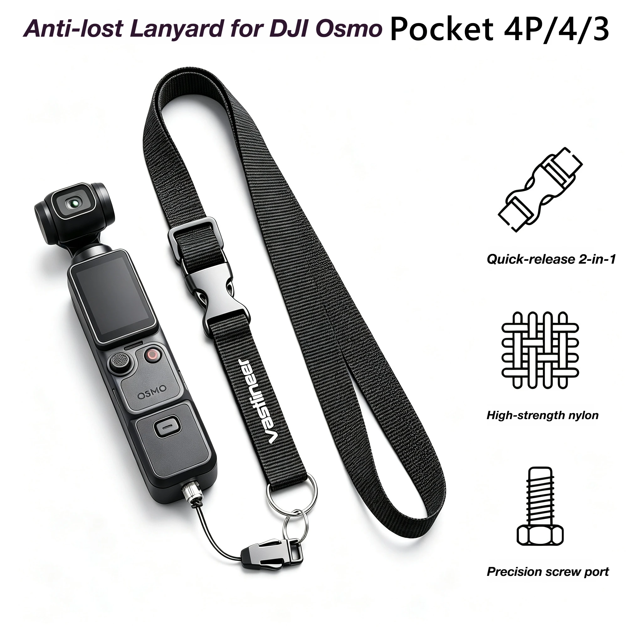 63cm Lanyard Fashion Black 2 in 1 Neck Wrist Strap Keychain Lanyard for Insta360 X5/X4 Air/X3/ DJI Osmo Pocket 4P/Pocket 4/3