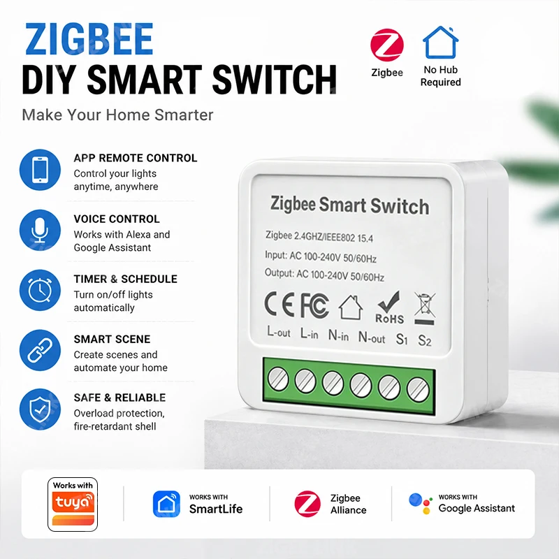 16A Mini Smart Interruptor Zigbee Relay Switch Two Way Wireless Smart Life APP Timing Control Module Work With Alexa Google Home