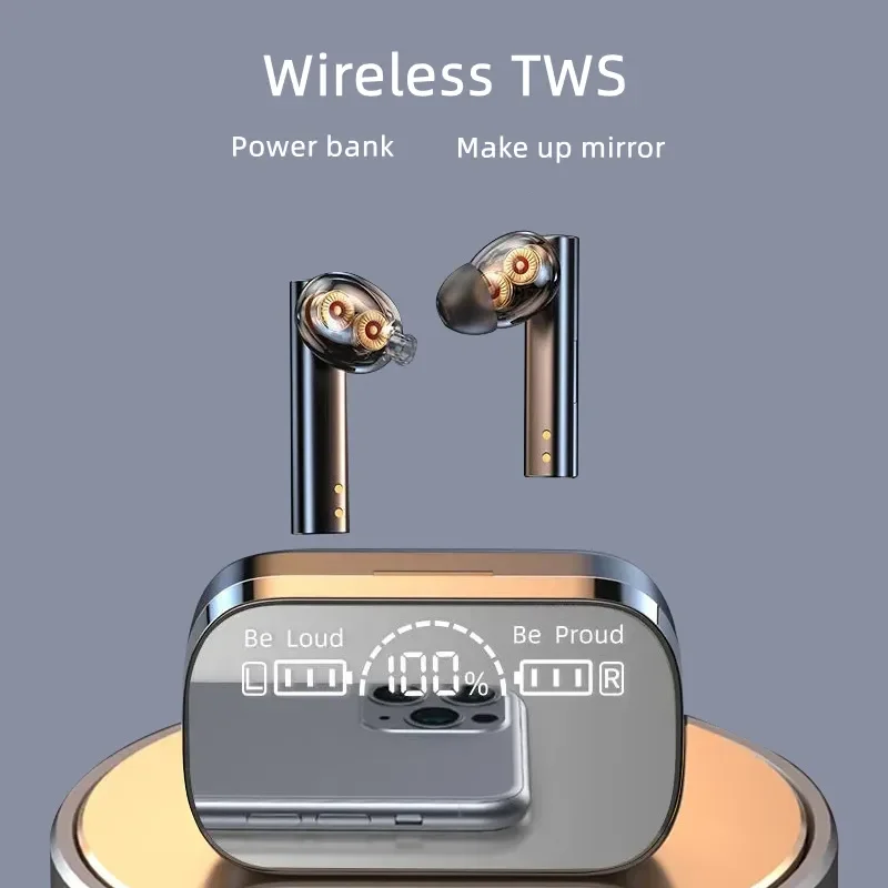 5.2 BT Wireless Headphones Reflective LED Mirror Design Earphones TWS Touch 9D Stereo Earbuds Sports Headsetwith Power Bank