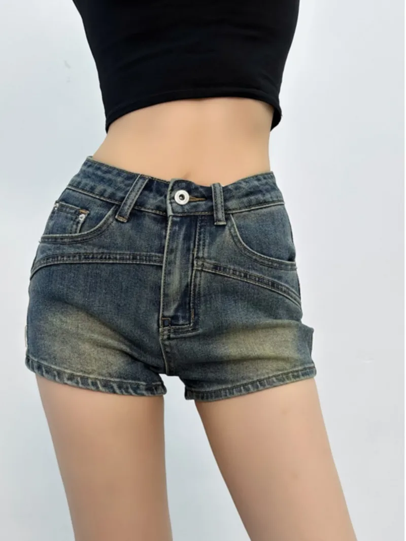 Jeans slim vintage com um botão, shorts de cintura alta, sexy hip wrap, moagem, estilo europeu e americano, novo, verão, 3K5H, 2024