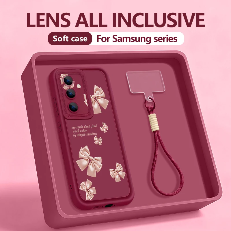 Rosa Schleifenmuster Lanyard Handyhülle für Samsung Galaxy S25 S24 FE S26 S24 S22 Ultra S23 Plus S25 Edge Weiche TPU-Schutzhülle mit Trageriemen