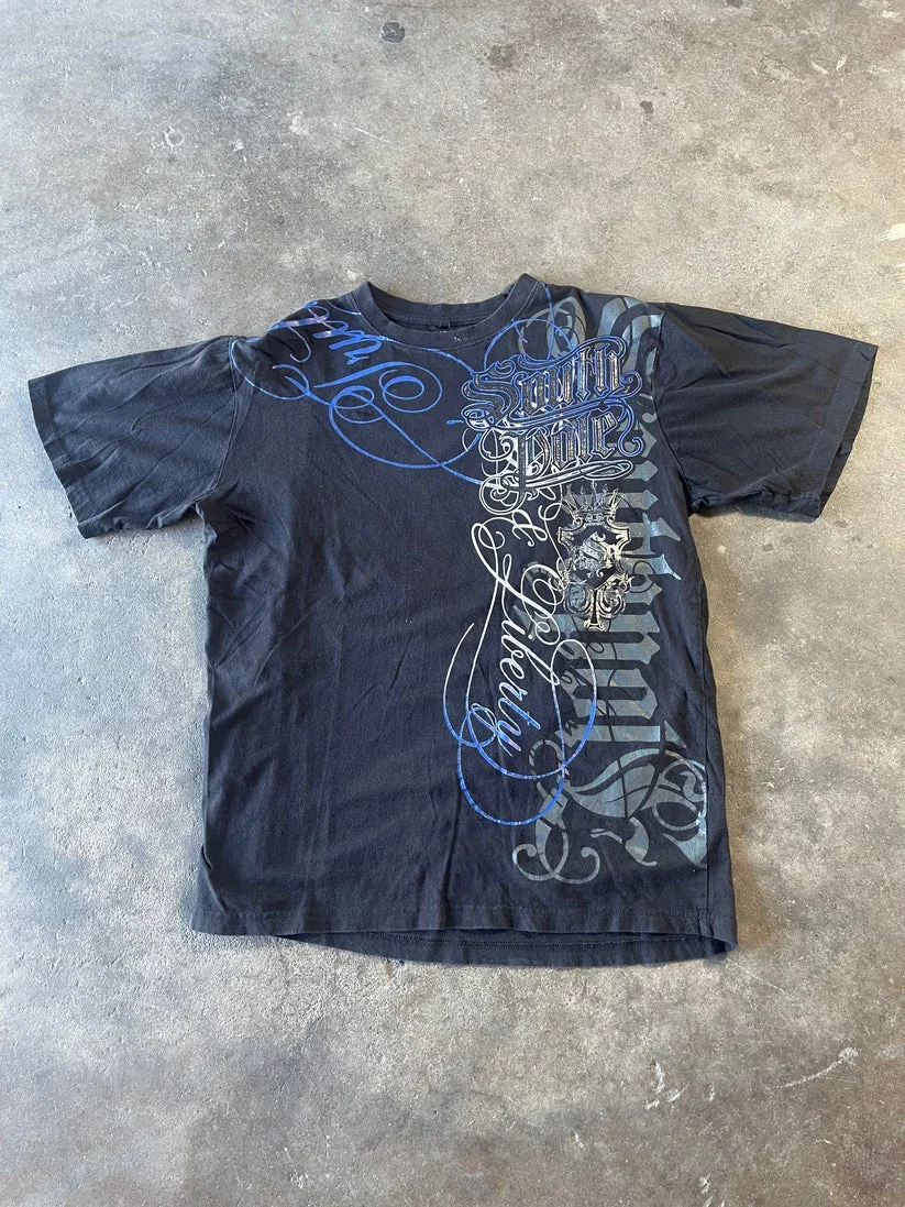 

Y2K Винтажная футболка с буквенным принтом, новая футболка большого размера из чистого хлопка, мужская уличная футболка в стиле хип-хоп, готика, Харадзюку, панк, свободные короткие рукава