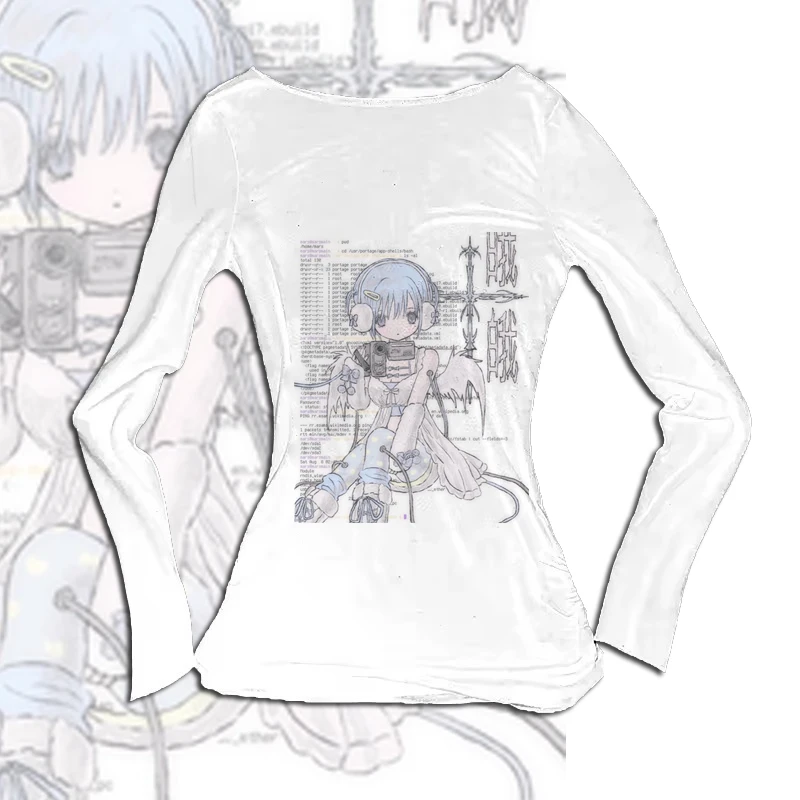 

Женская белая футболка темперамента Camisetas Ropa Mujer ретро сексуальная футболка Y2k топ новый стиль футболка с длинными рукавами и принтом