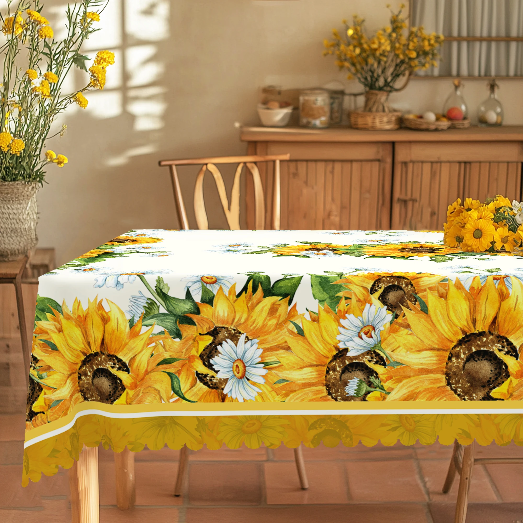 1 Piece of Sunflower Pattern Printed Themed Round and Rectangular Tablecloth, Various Sizes, Elegant Spring and Summer Floral Design, French Fresh, Suitable for Kitchen, Afternoon Tea, Picnic Tablecloth, Suitable for Easter, Birthday Party, Mother's Day Gifts