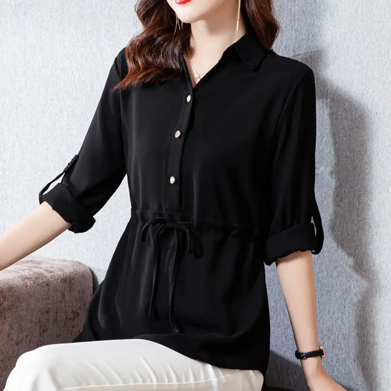 Thin Solid Long Casual Chiffon Button Turn-down Collar Drawstring Women Shirt Women\'s Clothing 2022 Temperament Spring Summer