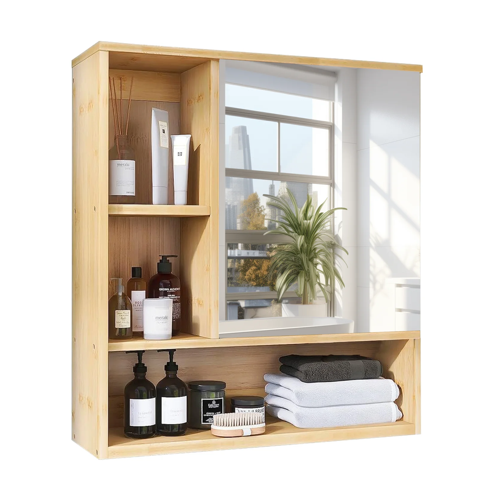 Wall Mounted Storage Cabinet Bamboo Bathroom Medicine Cabinet with Mirror