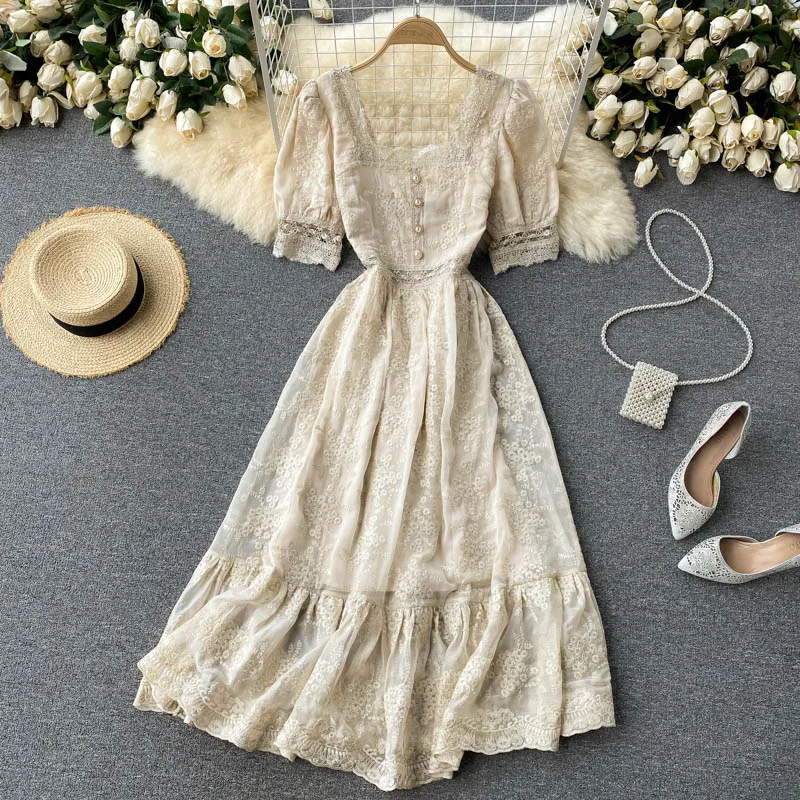 High Quality Summer Sweet Soft Girl A Line Dress Lace Embroidery Button Decor Party Dresses Casual Street  Vestidos Midi Dress