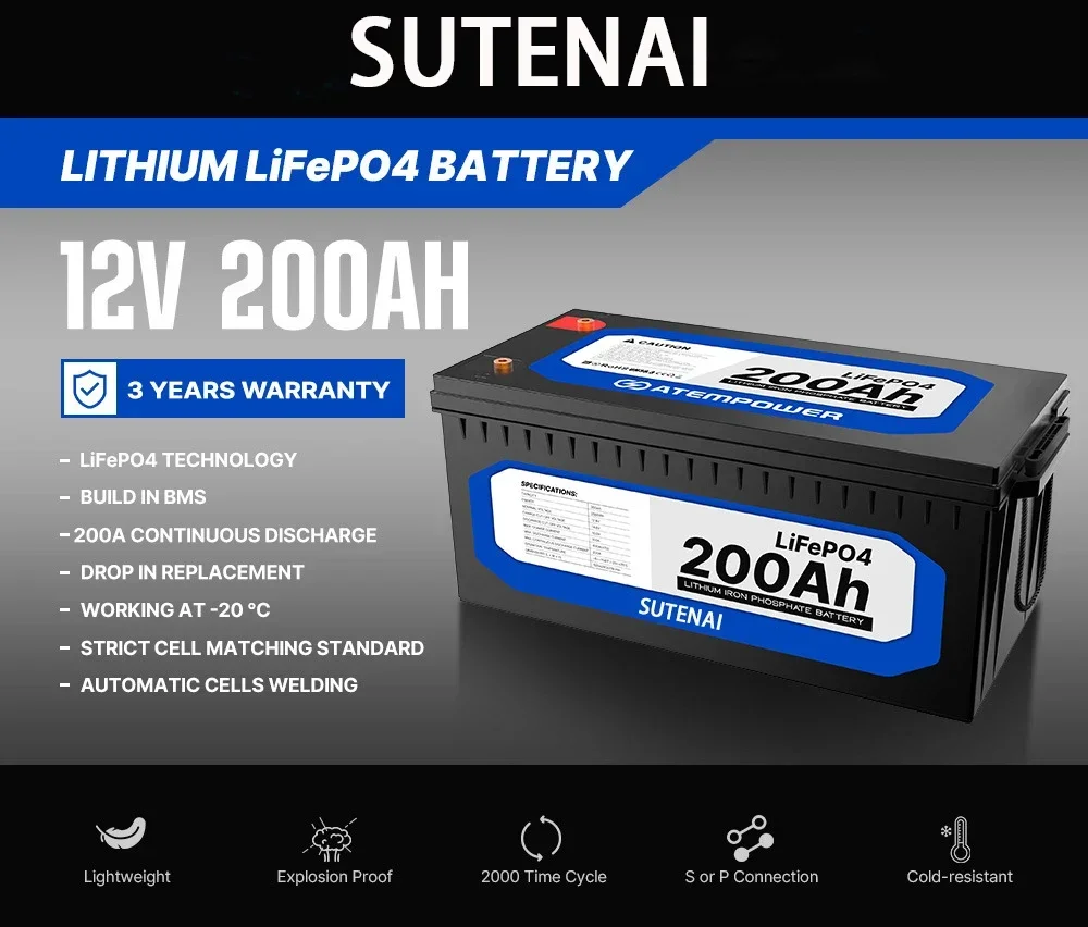 12V 200Ah LiFePO4 Battery Built-in BMS Lithium Iron Phosphate Cell For RV Campers Golf Cart Off-Road Off-Grid Solar With Charger