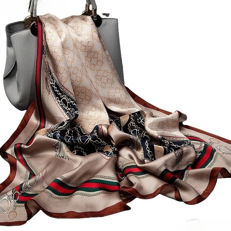 100% Mulberry Silk Long Scarf for Women Oblong Shawls for Headscarf Neck- Oblong Hair Wraps Gift Packed Brown Horse Tack Print