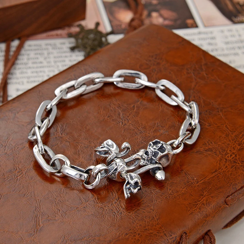 Men's Skull Thai Silver Bracelet S925 Silver Simple Fashion Trendy Men's Street Shooting T-Button male Bracelets